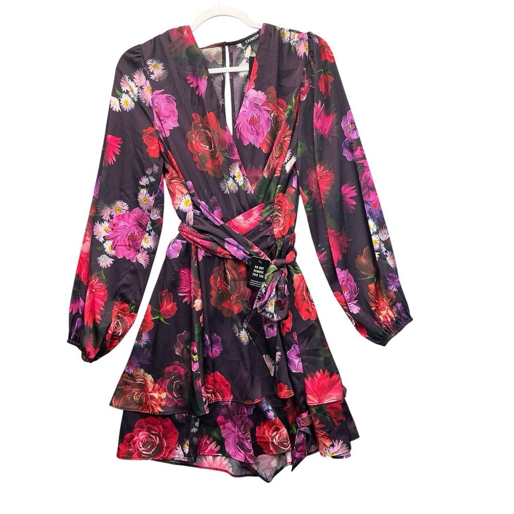 EXPRESS Floral V Neck Long Sleeve Tie-Belt Romper Party Dress Sz.L New NWT